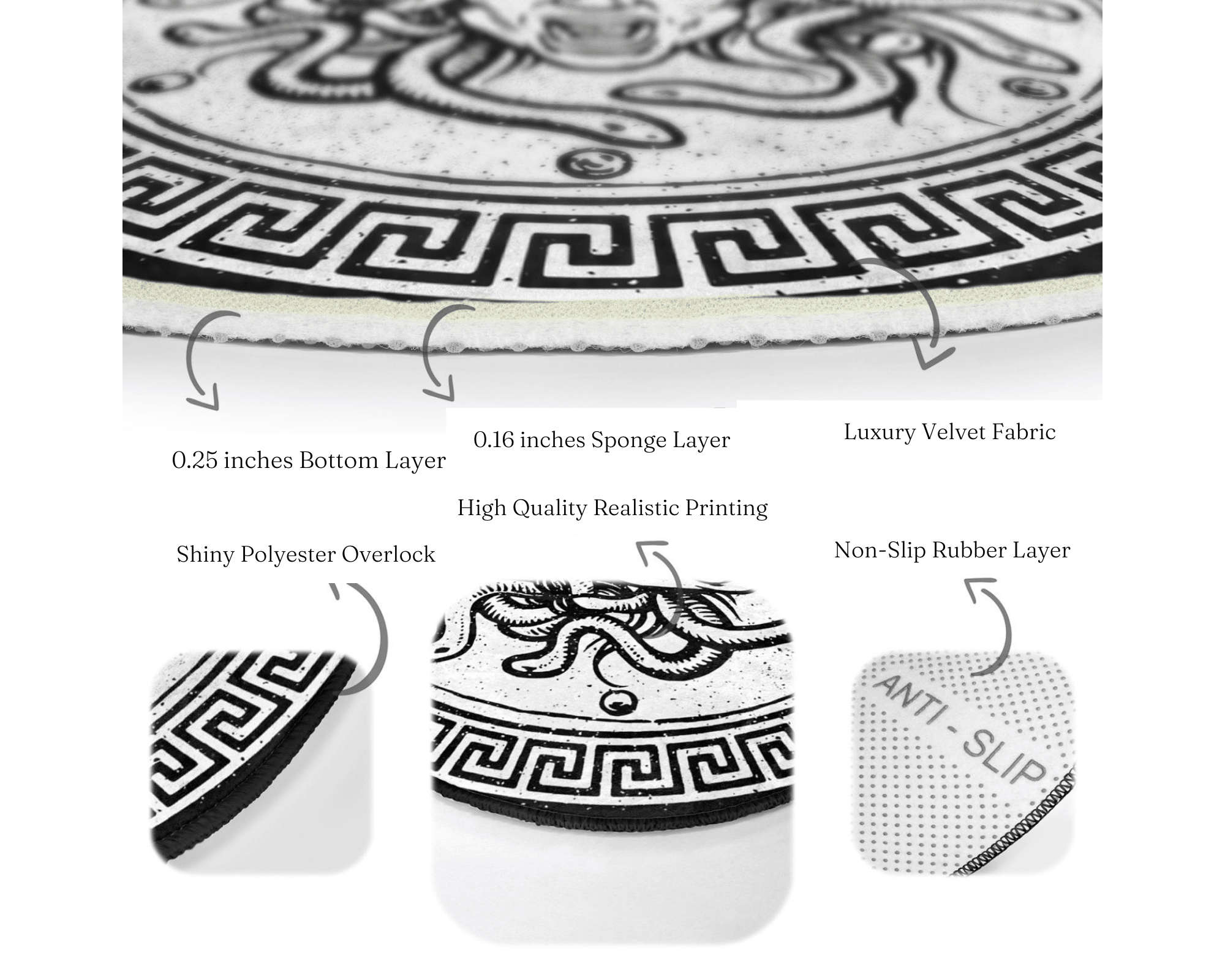 Medusa patterned decorative round rug in vibrant colors, showcasing intricate design and soft velvet texture, ideal for living room decor.