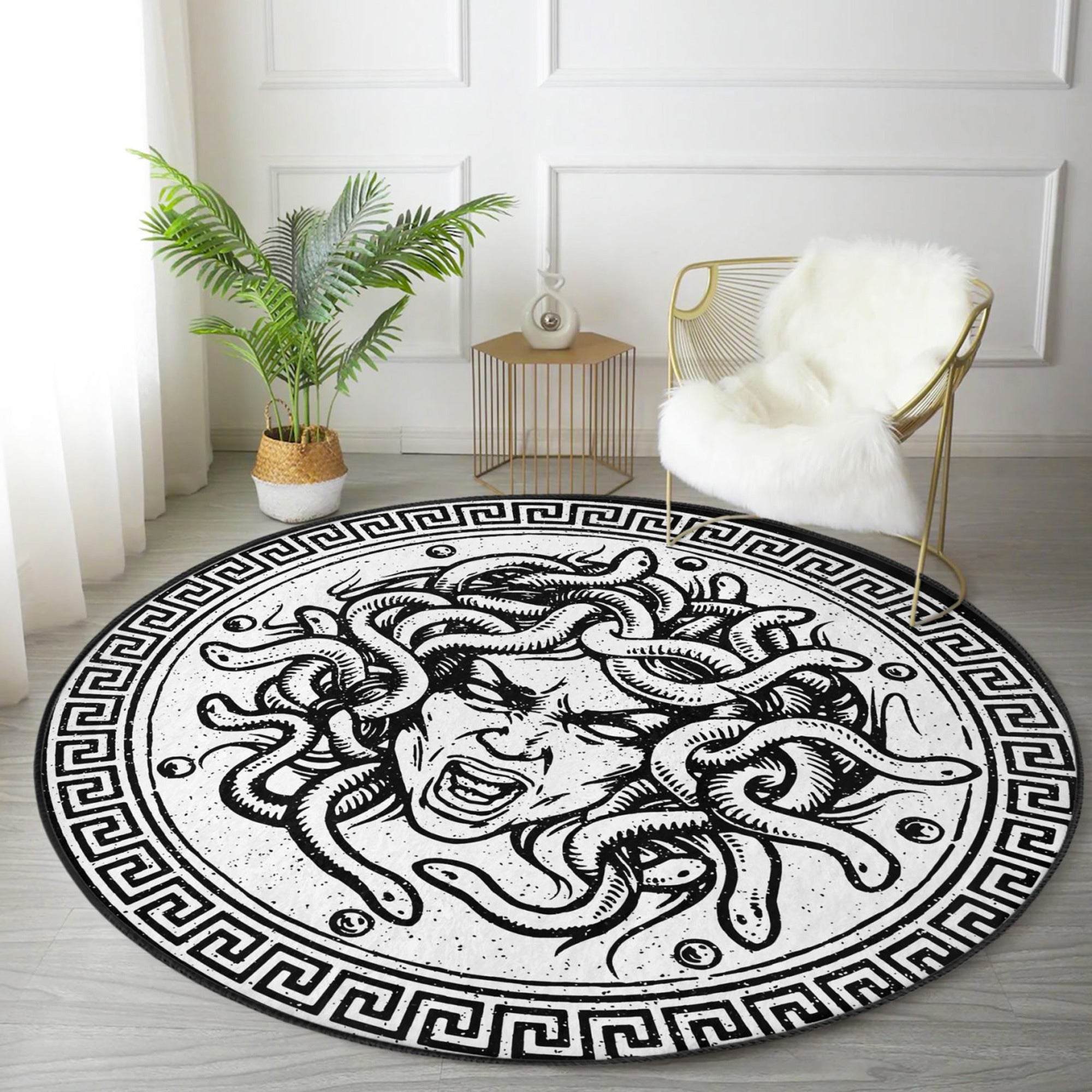 Medusa patterned decorative round rug in vibrant colors, showcasing intricate design and soft velvet texture, ideal for living room decor.