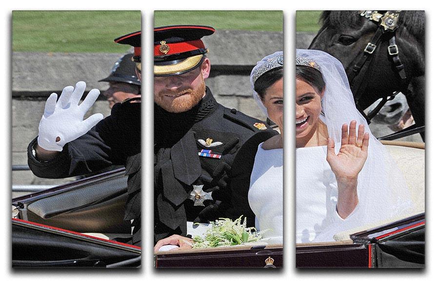 Three-panel canvas print featuring Meghan and Prince Harry waving to the crowds, showcasing elegance and charm.