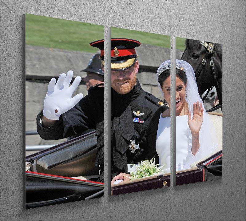 Three-panel canvas print featuring Meghan and Prince Harry waving to the crowds, showcasing elegance and charm.