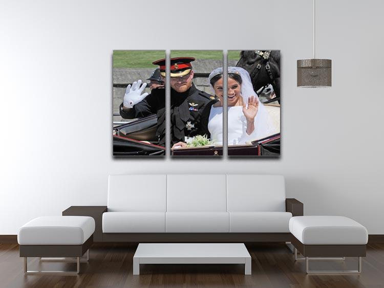 Three-panel canvas print featuring Meghan and Prince Harry waving to the crowds, showcasing elegance and charm.