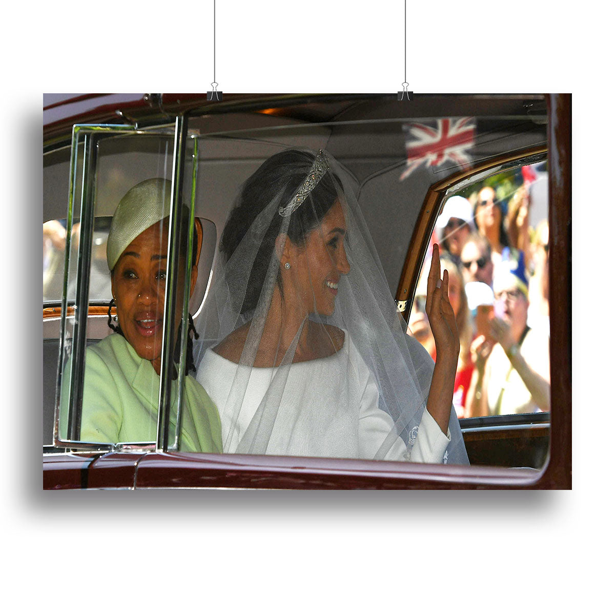 Canvas print of Meghan Markle and her mother arriving at the wedding, showcasing elegance and royal charm.