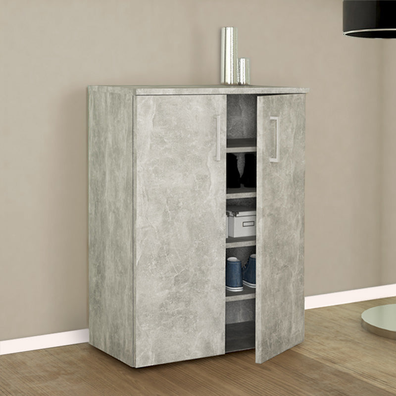 HEIKO Melamine Shoe Rack in Concrete Grey, featuring a modern design and compact dimensions, perfect for stylish shoe storage.