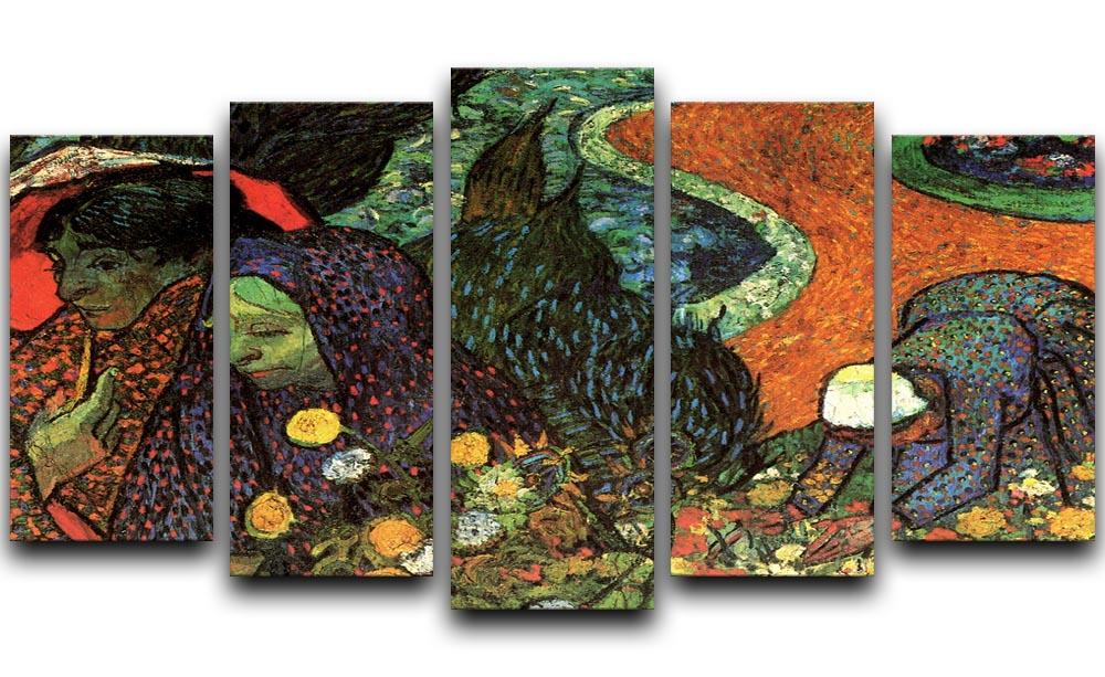 Memory of the Garden at Etten by Van Gogh displayed as a 5 split panel canvas, showcasing vibrant colors and intricate details.