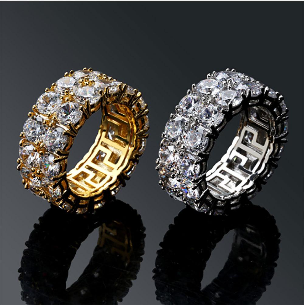 Men's 2 Row Iced Out 360 Eternity Gold Bling Ring featuring micro pave cubic zirconia, elegantly designed for a luxurious look.