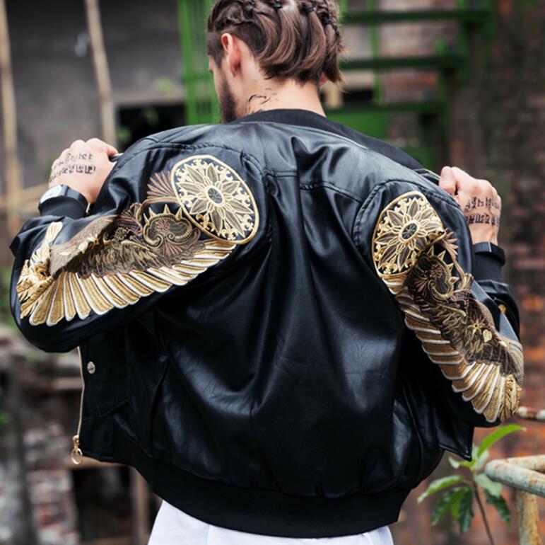 Men's Bomber Faux Leather Jacket in red and black with gold wings embroidery, showcasing a stylish and modern design.