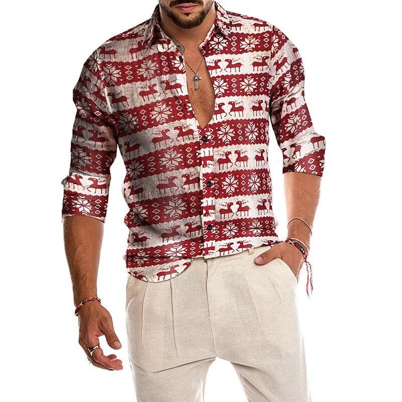 Men's Casual Christmas Shirt featuring a vibrant print, button-down closure, and long sleeves, perfect for festive occasions.