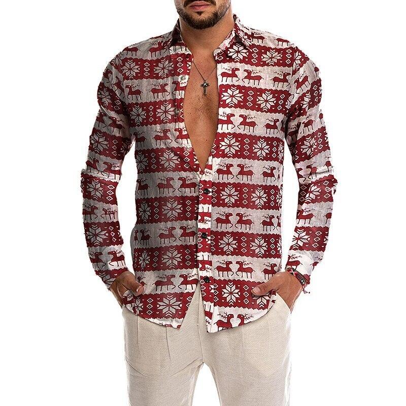 Men's Casual Christmas Shirt featuring a vibrant print, button-down closure, and long sleeves, perfect for festive occasions.