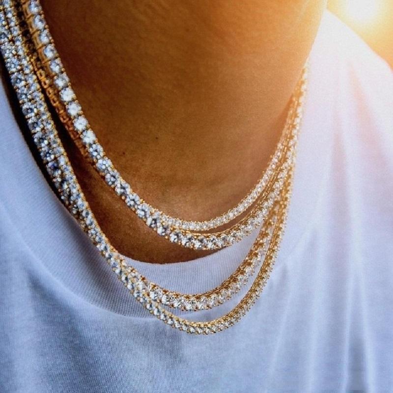 Men's Diamond Iced Out Tennis Gold Chain Necklace featuring rhinestones and alloy material, perfect for hip hop fashion.