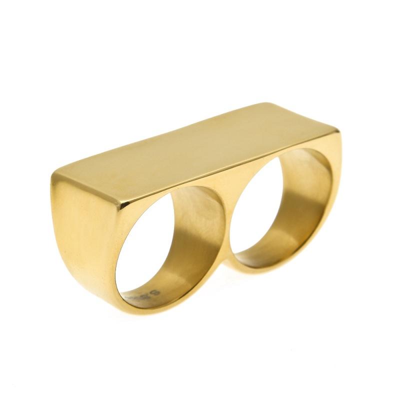 Mens Double Finger Ring made of high-quality stainless steel, featuring a unique double finger design in gold and silver colors.