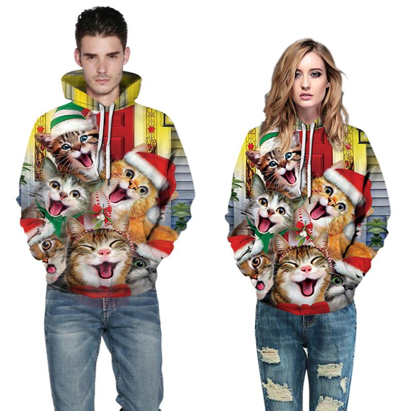 Mens Graphic Hoodie in red featuring a playful Cats Elk pattern, perfect for Christmas celebrations.