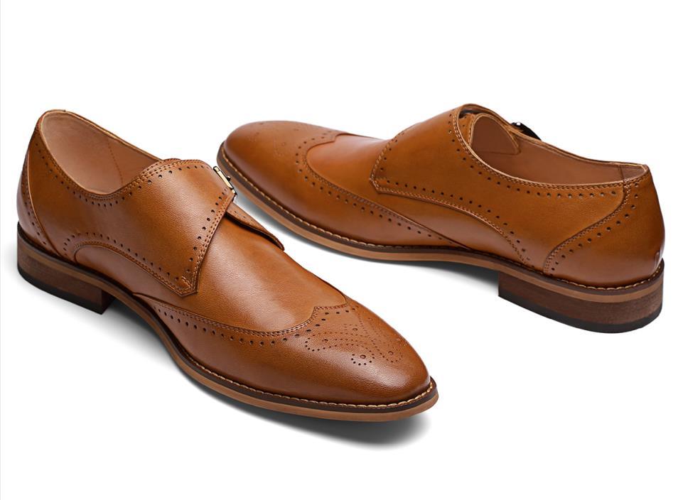 Men's high belt Lefu shoes featuring a buckle strap and pointed toe design, crafted from genuine leather for a sophisticated look.