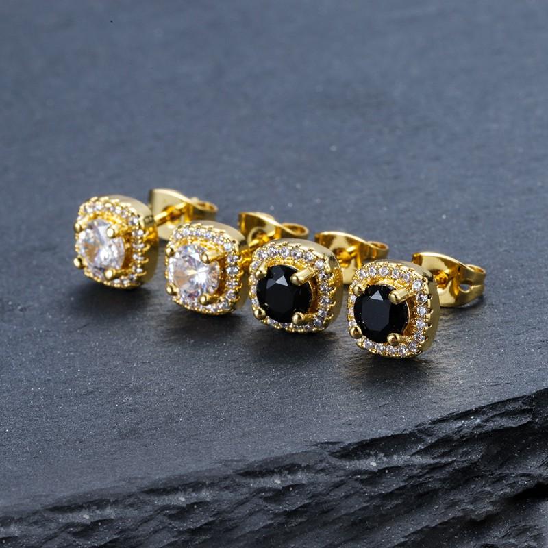 Men's Hip Hop Stud Earrings in gold and silver with cubic zirconia stones, showcasing a round design and high-quality craftsmanship.