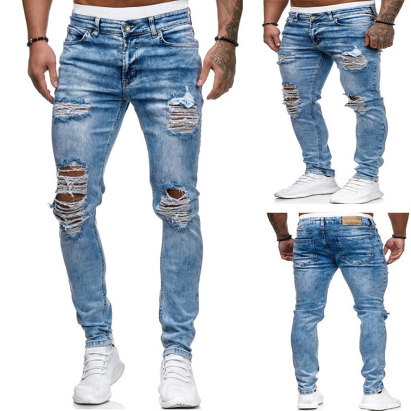 Men's hole distressed jeans featuring a long straight fit and light wash denim, perfect for casual wear.