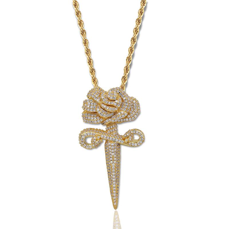 Mens Iced Out Hip Hop Chain Pendant featuring sparkling Zirconia stones on a 24-inch gold-plated rope chain, designed for a luxurious hip hop style.