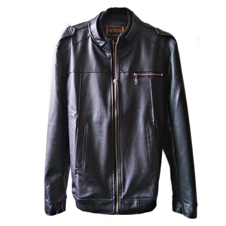 Men's PU Leather Jacket in black with a mandarin collar and zipper closure, perfect for business and casual wear.