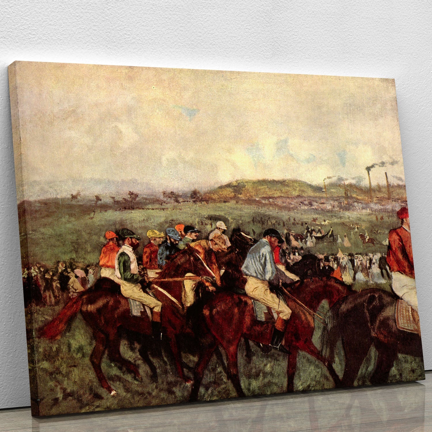 Canvas print of Degas' 'Men's Riders Before the Start', showcasing riders in elegant attire before a race.