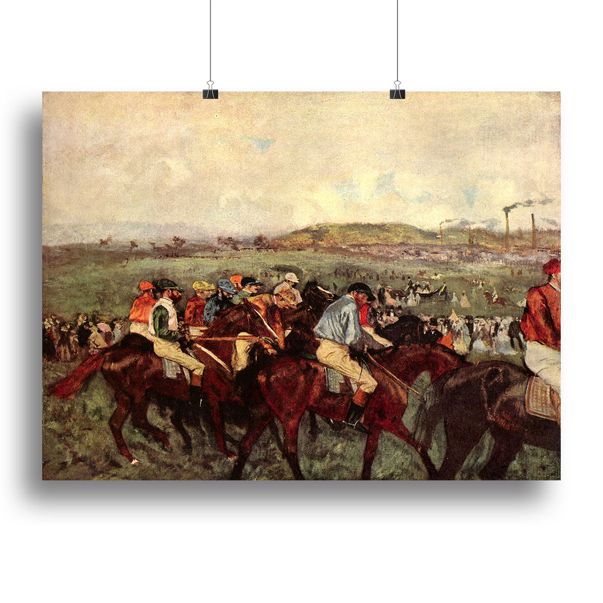 Canvas print of Degas' 'Men's Riders Before the Start', showcasing riders in elegant attire before a race.