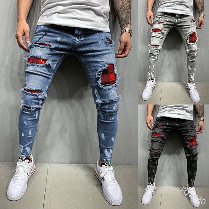 Men's skinny jeans featuring a casual slim fit with knee hole patchwork design in black, blue, and grey colors.