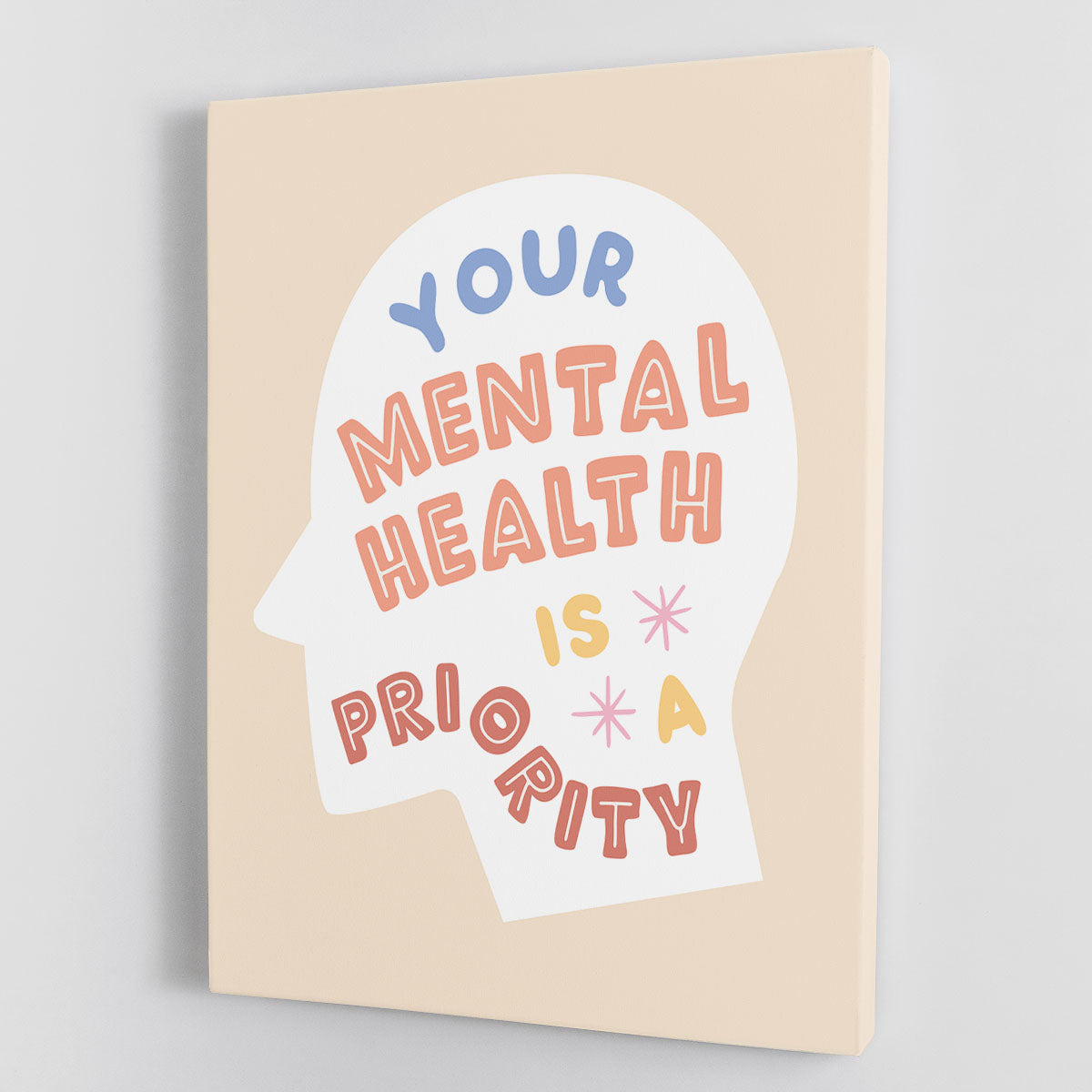 A vibrant canvas print featuring the phrase 'Mental Health Priority' surrounded by abstract designs, perfect for inspiring decor.