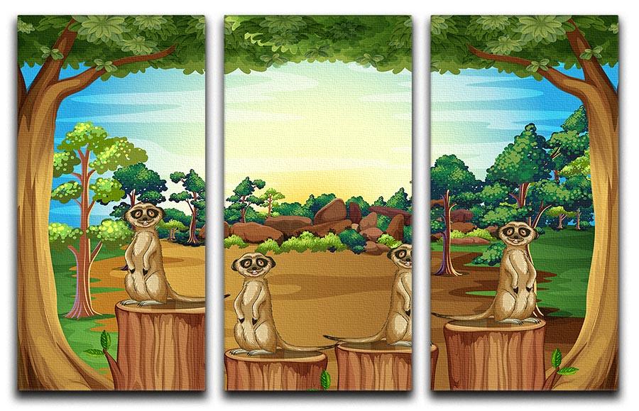Three-panel canvas print featuring meerkats standing on a log, showcasing vibrant colors and intricate details.