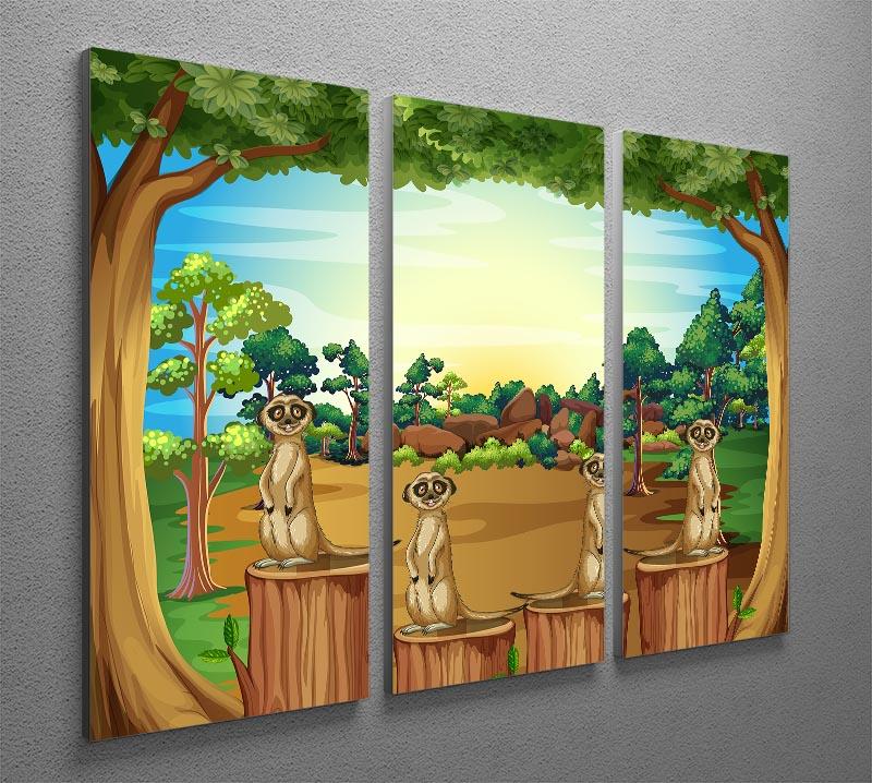 Three-panel canvas print featuring meerkats standing on a log, showcasing vibrant colors and intricate details.