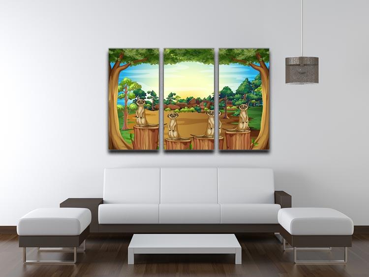 Three-panel canvas print featuring meerkats standing on a log, showcasing vibrant colors and intricate details.