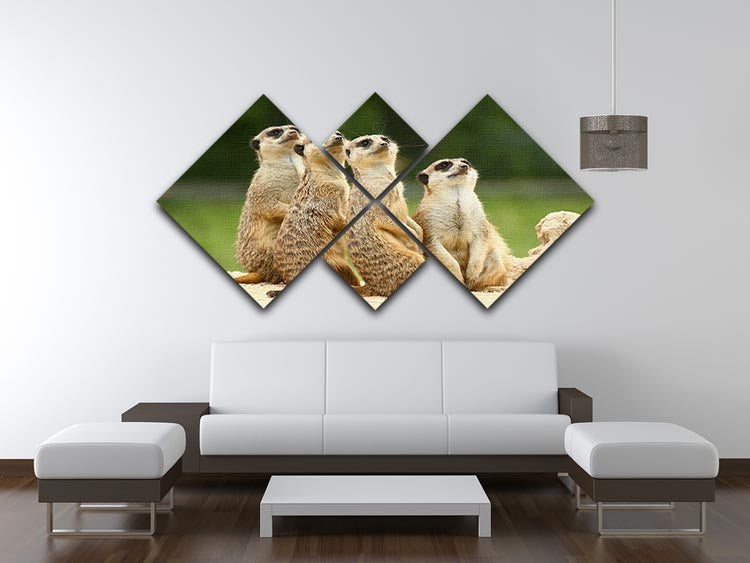 A vibrant 4-square canvas artwork featuring adorable meerkats, each panel showcasing a different aspect of their playful nature.