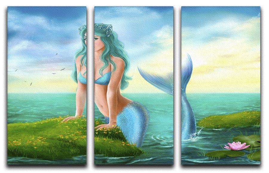 A beautiful 3-panel canvas print featuring a mermaid in the sea, showcasing vibrant colors and intricate details.