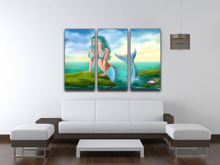 A beautiful 3-panel canvas print featuring a mermaid in the sea, showcasing vibrant colors and intricate details.