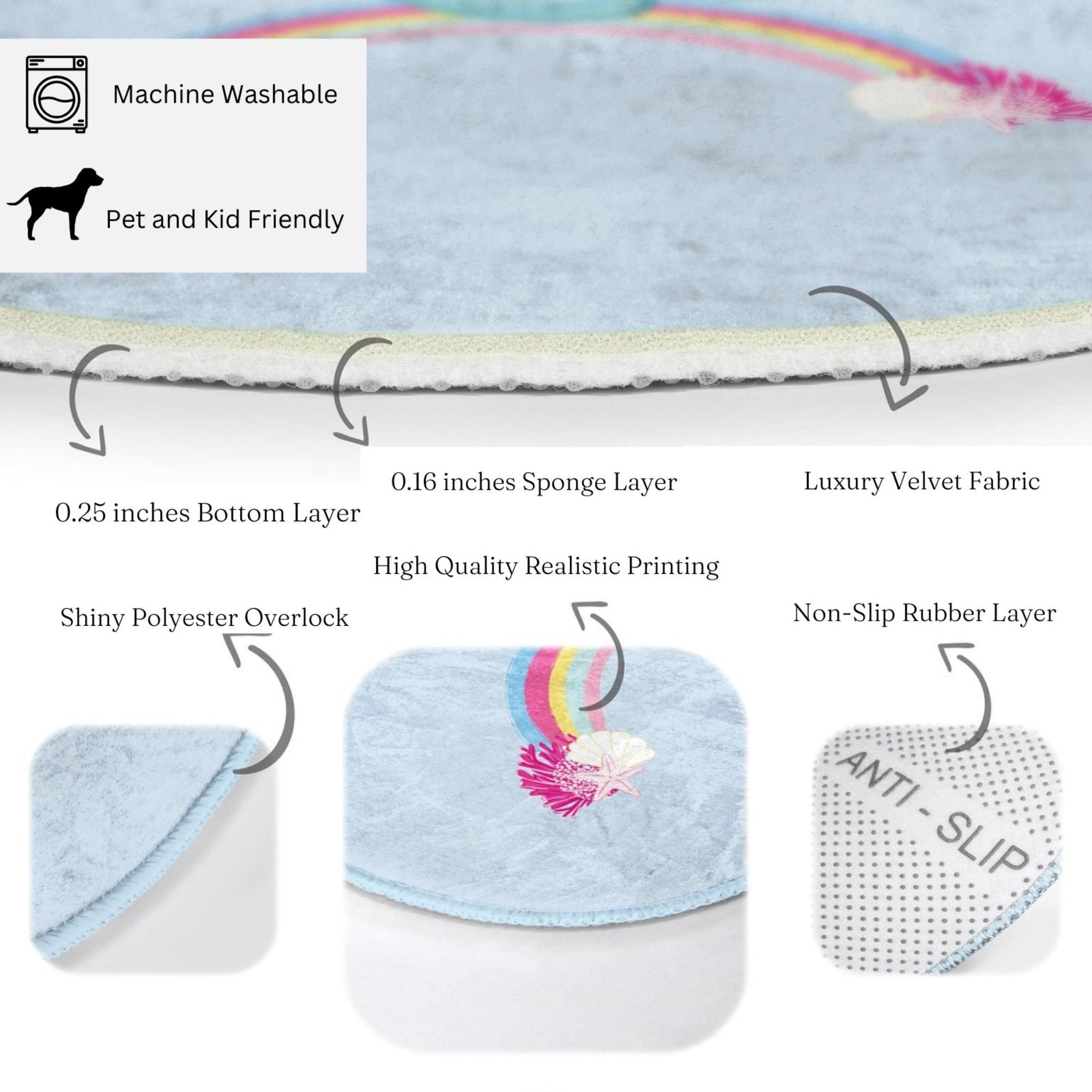 A vibrant blue kids rug featuring a whimsical mermaid design on a rainbow, perfect for children's rooms.