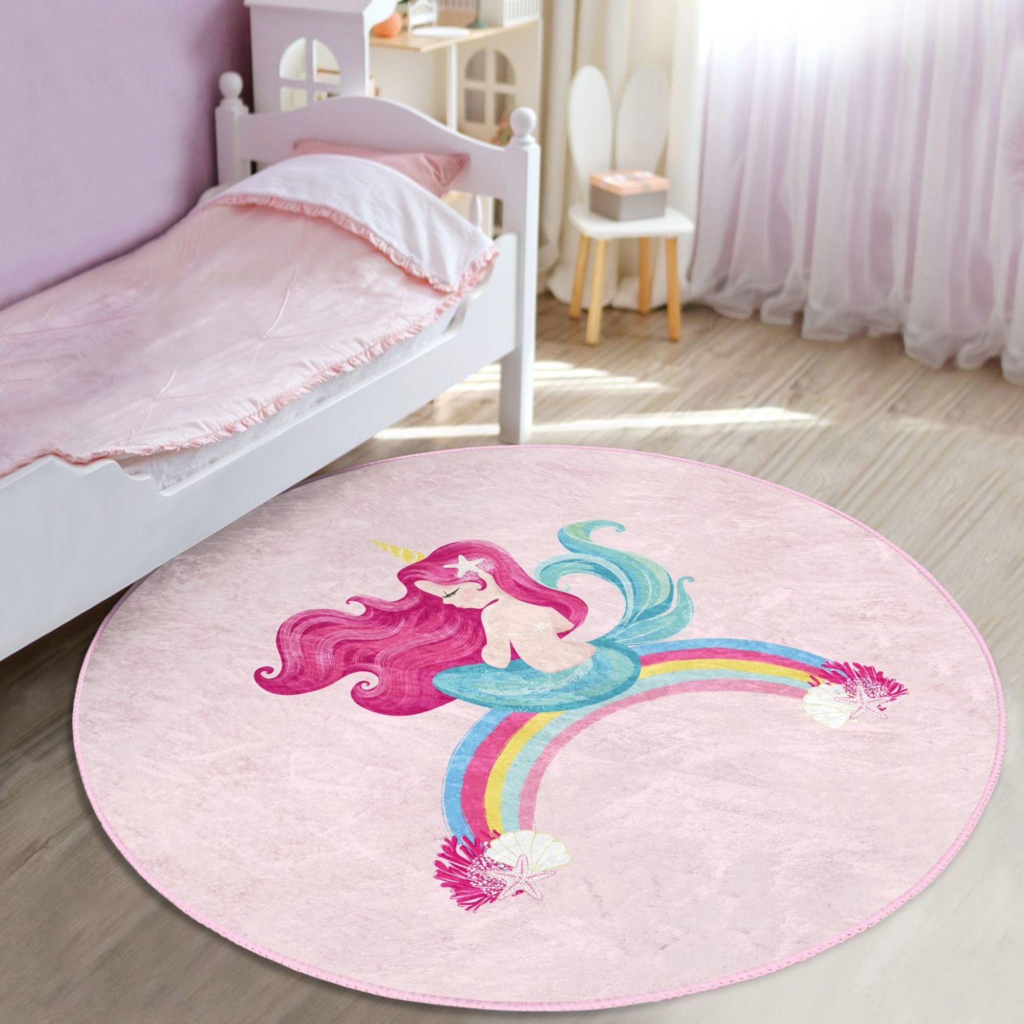 A vibrant pink rug featuring a mermaid design on a rainbow, perfect for a girl's room, showcasing soft velvet fabric and intricate 3D printing.
