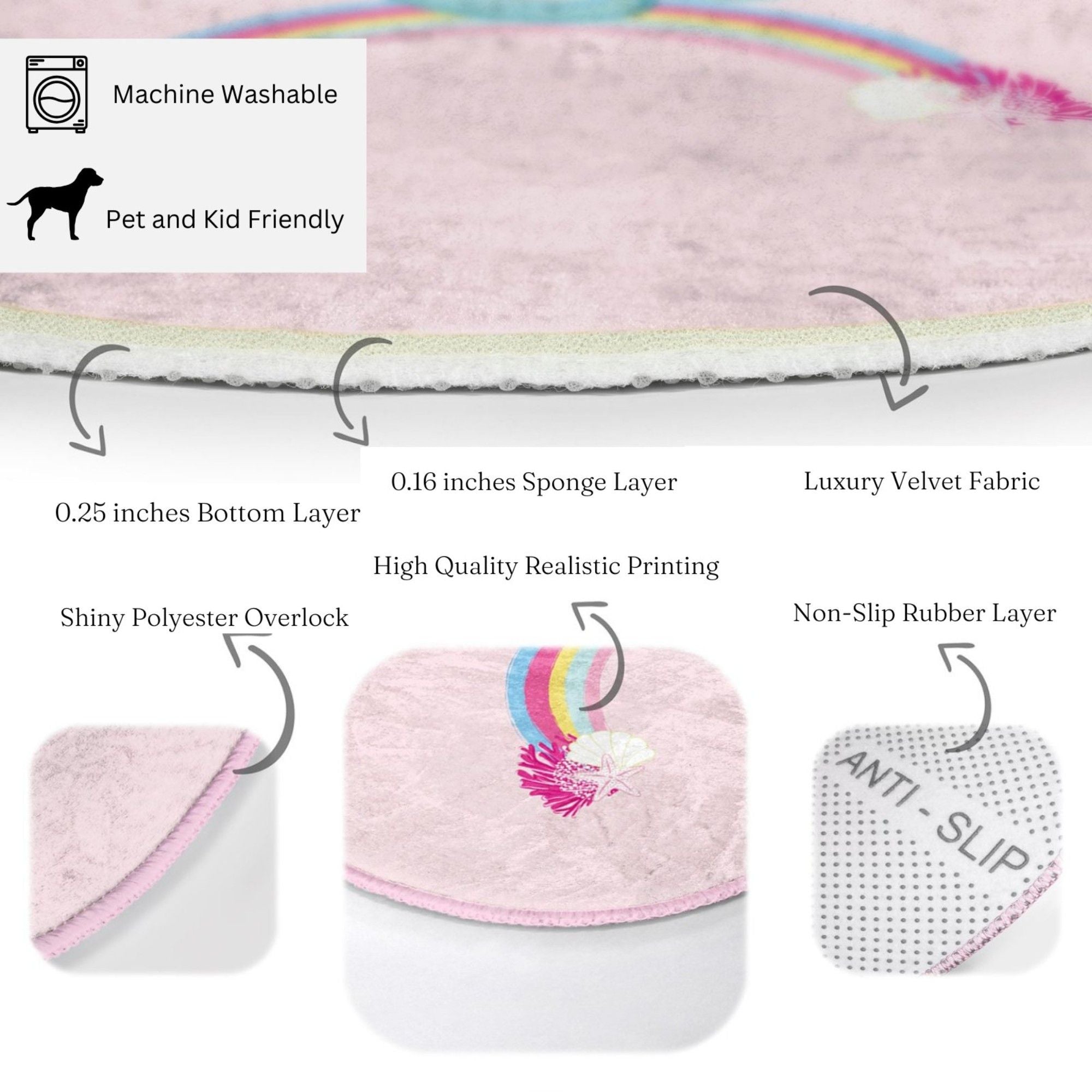 A vibrant pink rug featuring a mermaid design on a rainbow, perfect for a girl's room, showcasing soft velvet fabric and intricate 3D printing.