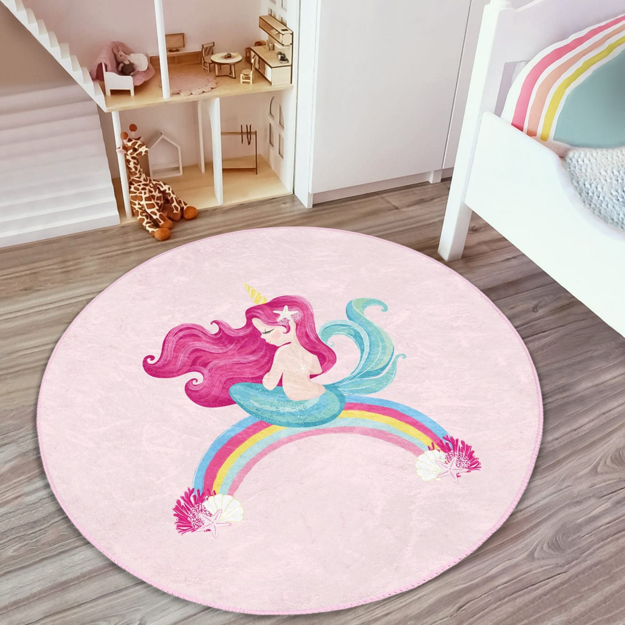 A vibrant pink rug featuring a mermaid design on a rainbow, perfect for a girl's room, showcasing soft velvet fabric and intricate 3D printing.