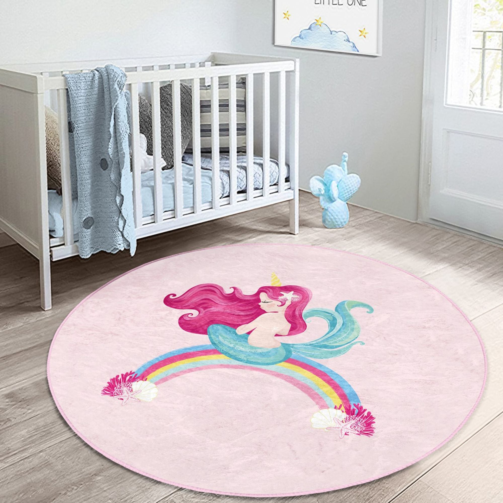 A vibrant pink rug featuring a mermaid design on a rainbow, perfect for a girl's room, showcasing soft velvet fabric and intricate 3D printing.