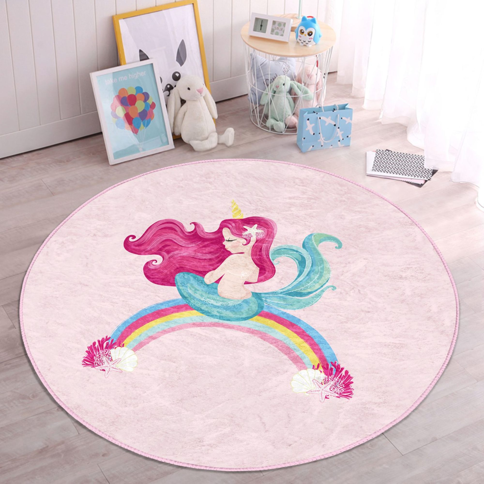 A vibrant pink rug featuring a mermaid design on a rainbow, perfect for a girl's room, showcasing soft velvet fabric and intricate 3D printing.