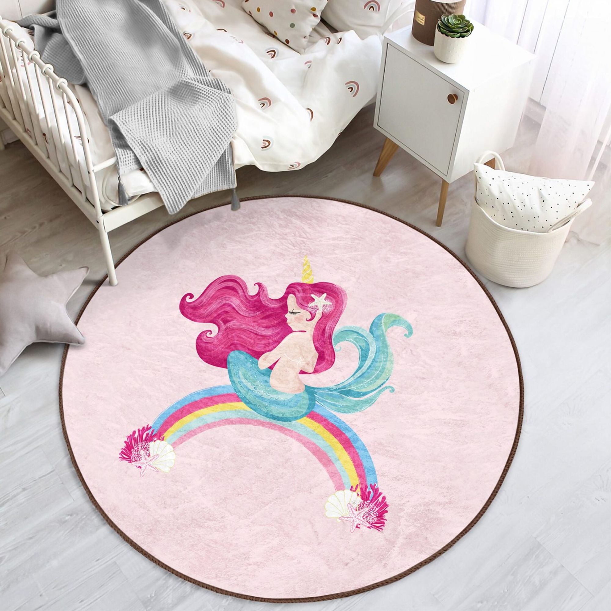 A vibrant pink rug featuring a mermaid design on a rainbow, perfect for a girl's room, showcasing soft velvet fabric and intricate 3D printing.