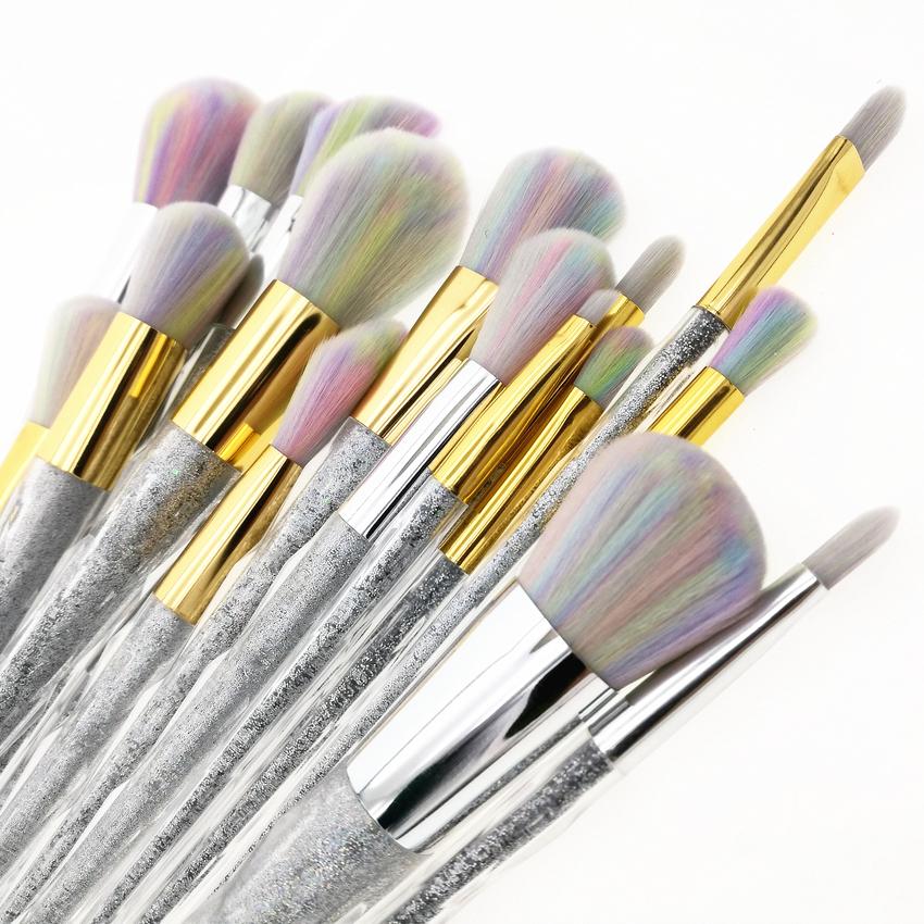 Colorful Mermaid Unicorn Screw Diamonds makeup brush set with synthetic hair bristles and transparent handles, perfect for makeup application.