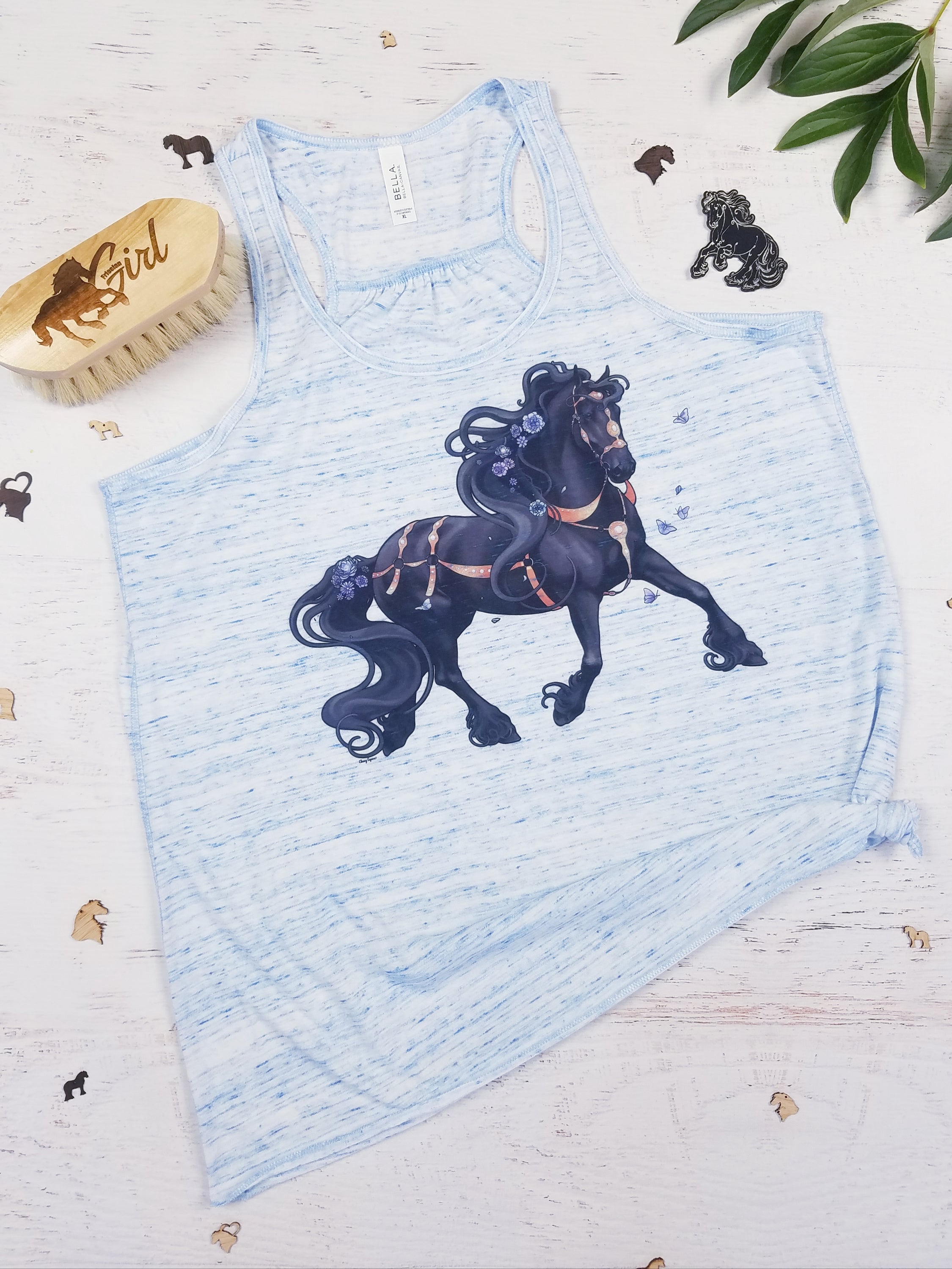 Merry Blue Friesian flowy tank top featuring a happy Friesian horse design, perfect for casual wear and horse enthusiasts.