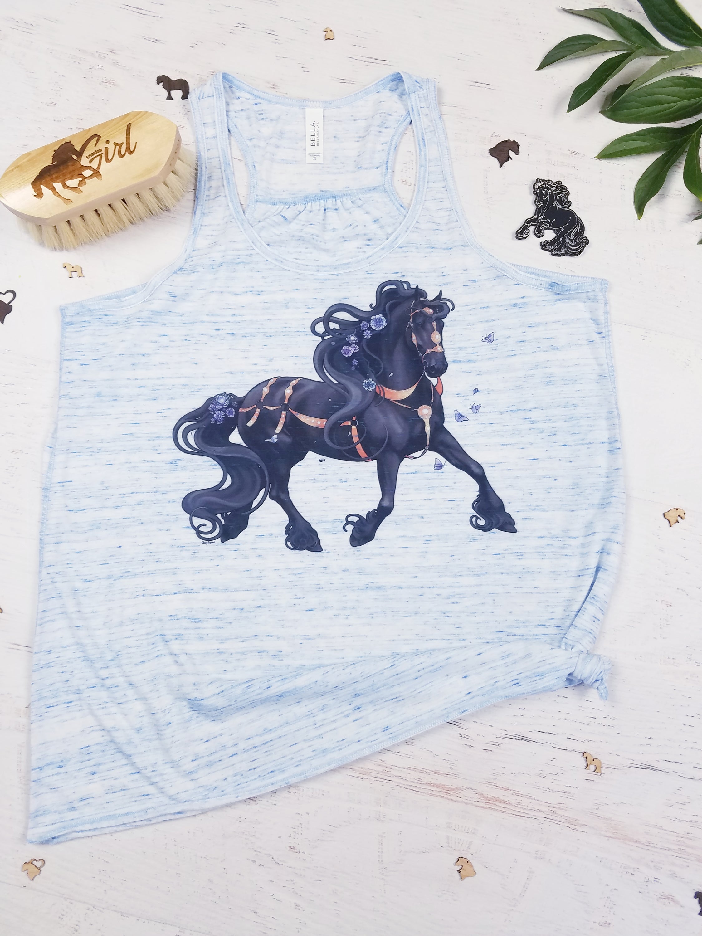 Merry Blue Friesian flowy tank top featuring a happy Friesian horse design, perfect for casual wear and horse enthusiasts.