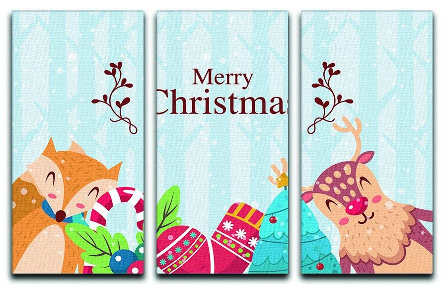 Merry Christmas Animals 3-panel canvas print featuring festive animal designs in vibrant colors.
