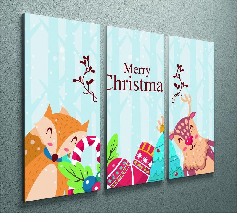 Merry Christmas Animals 3-panel canvas print featuring festive animal designs in vibrant colors.