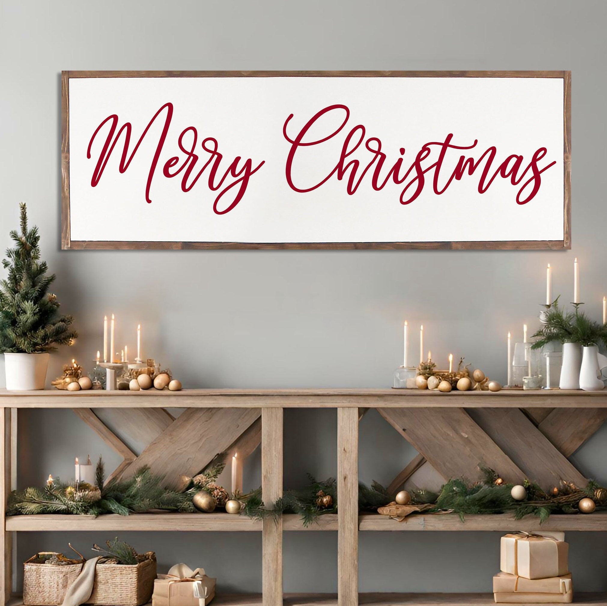 Handmade Merry Christmas Farmhouse Wood Sign with rustic design, featuring unique wood grain and hand-painted lettering in a dark walnut frame.