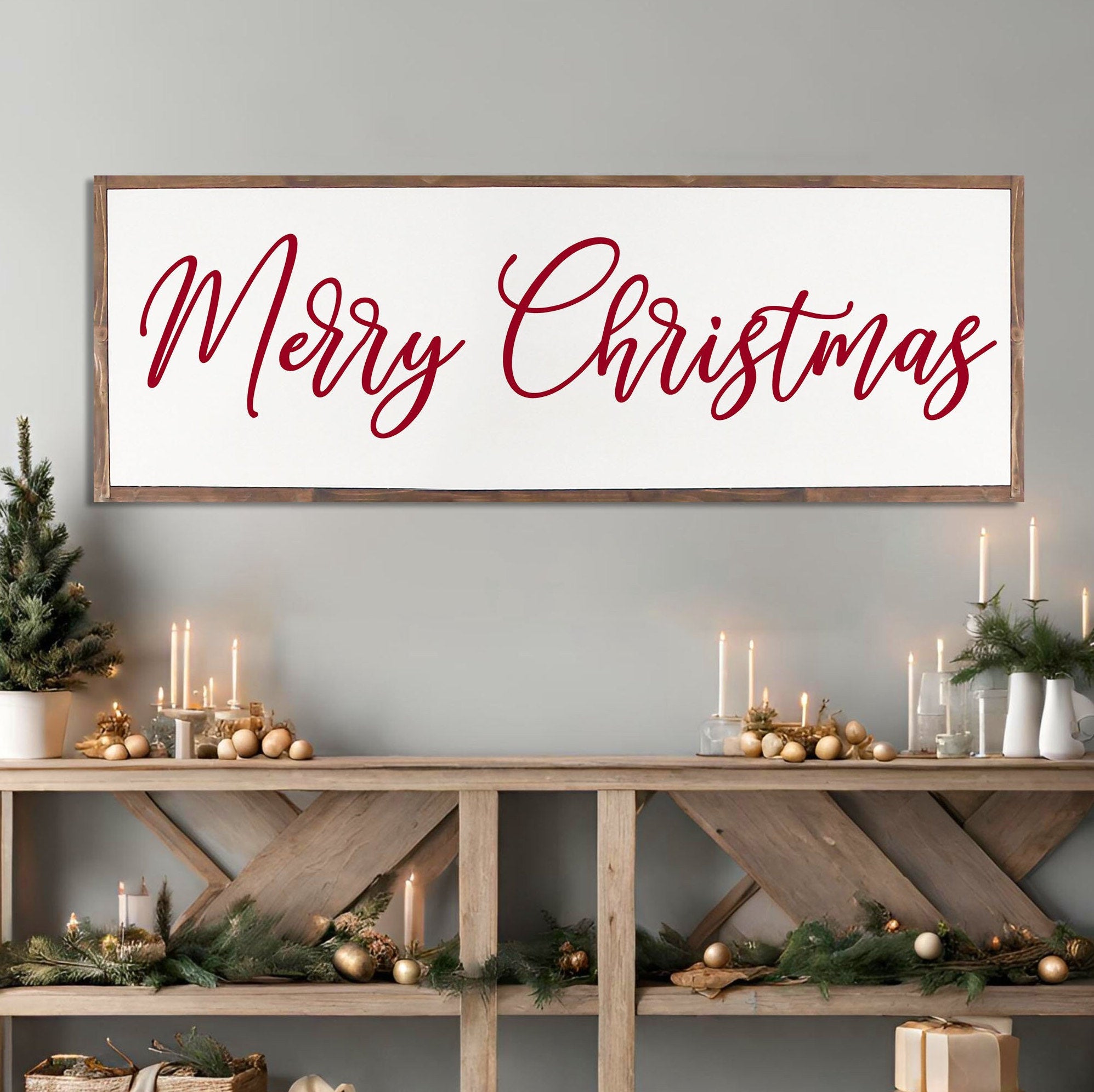 Handmade Merry Christmas Farmhouse Wood Sign with rustic design, featuring unique wood grain and hand-painted lettering in a dark walnut frame.