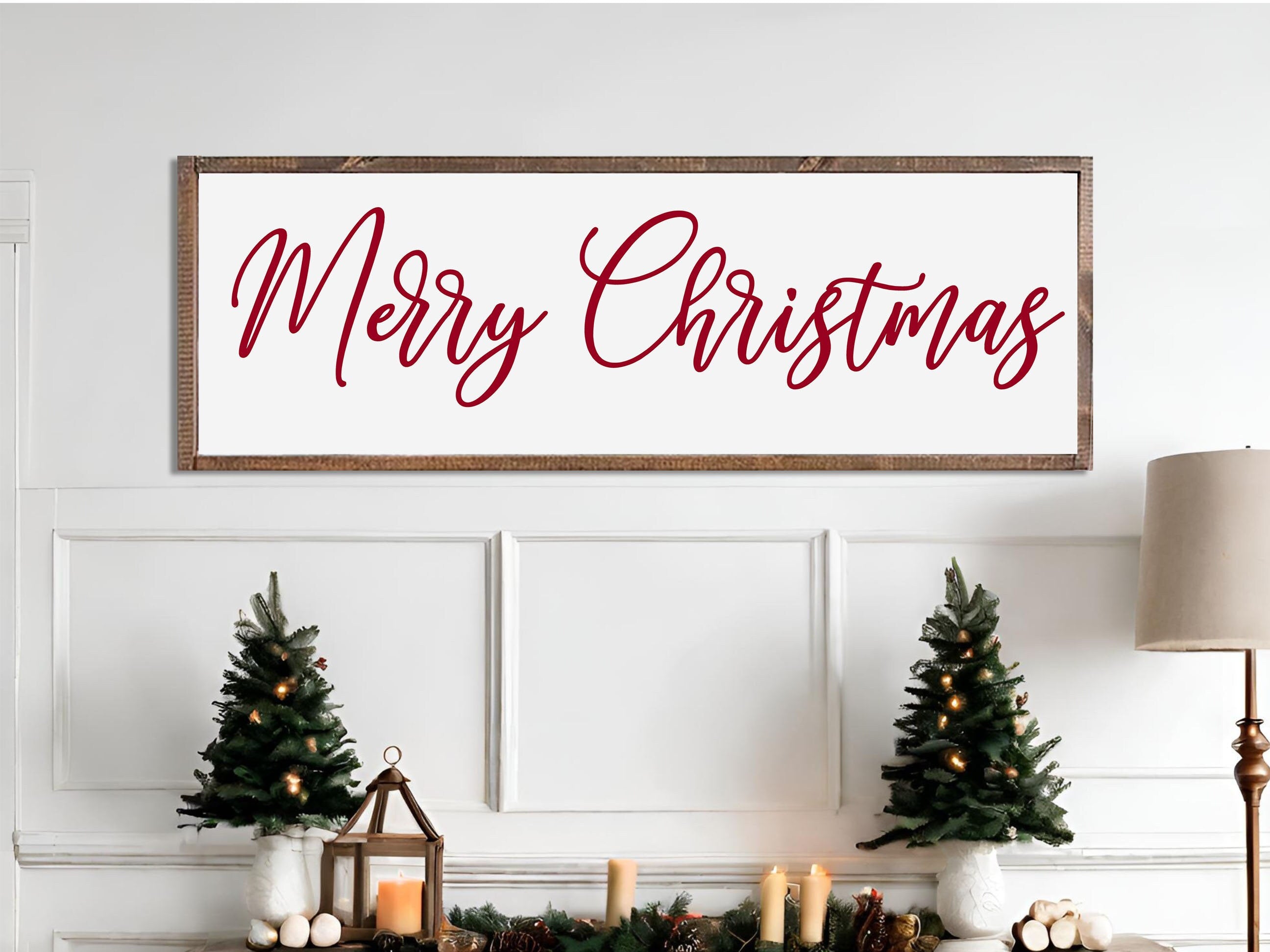 Handmade Merry Christmas Farmhouse Wood Sign with rustic design, featuring unique wood grain and hand-painted lettering in a dark walnut frame.