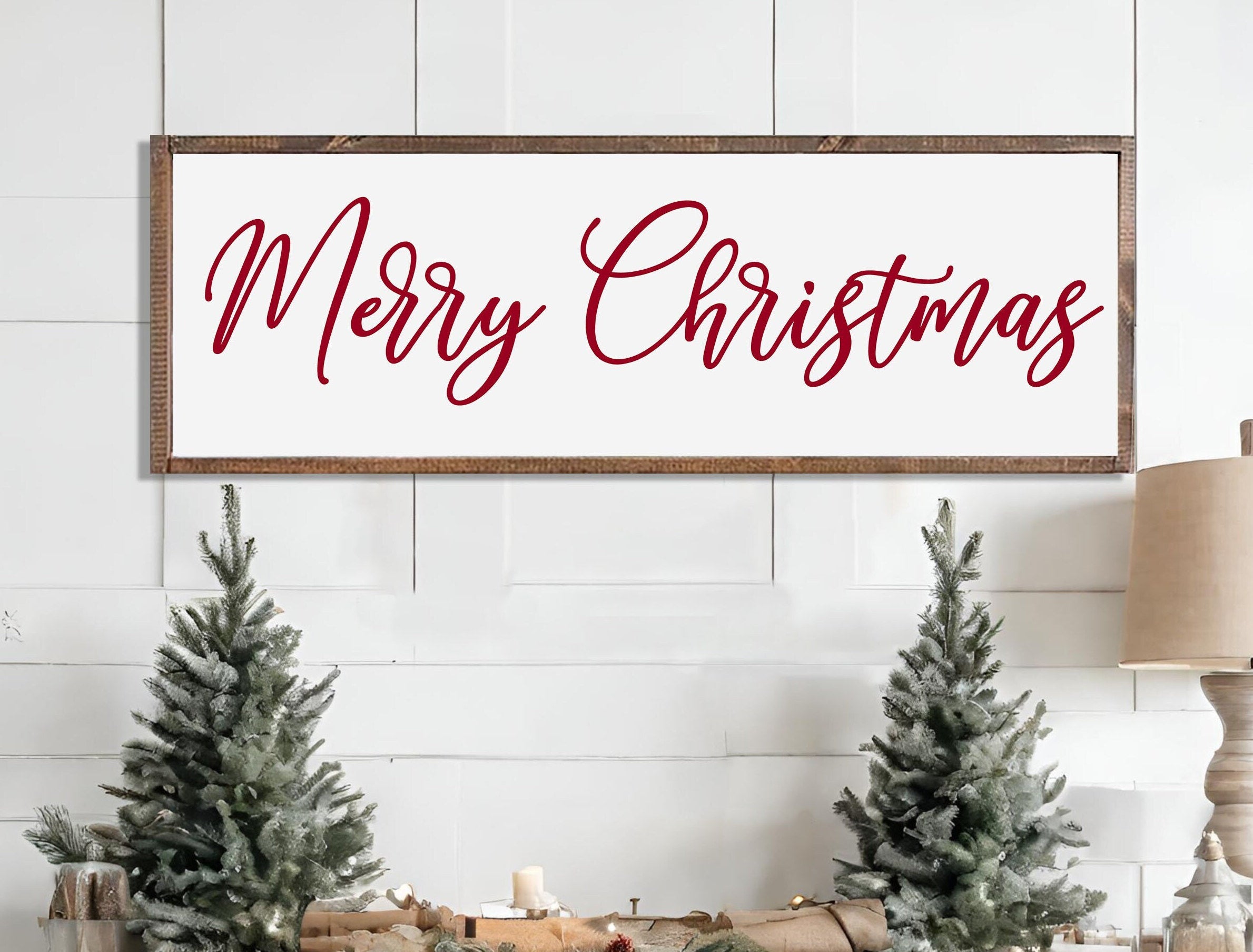 Handmade Merry Christmas Farmhouse Wood Sign with rustic design, featuring unique wood grain and hand-painted lettering in a dark walnut frame.