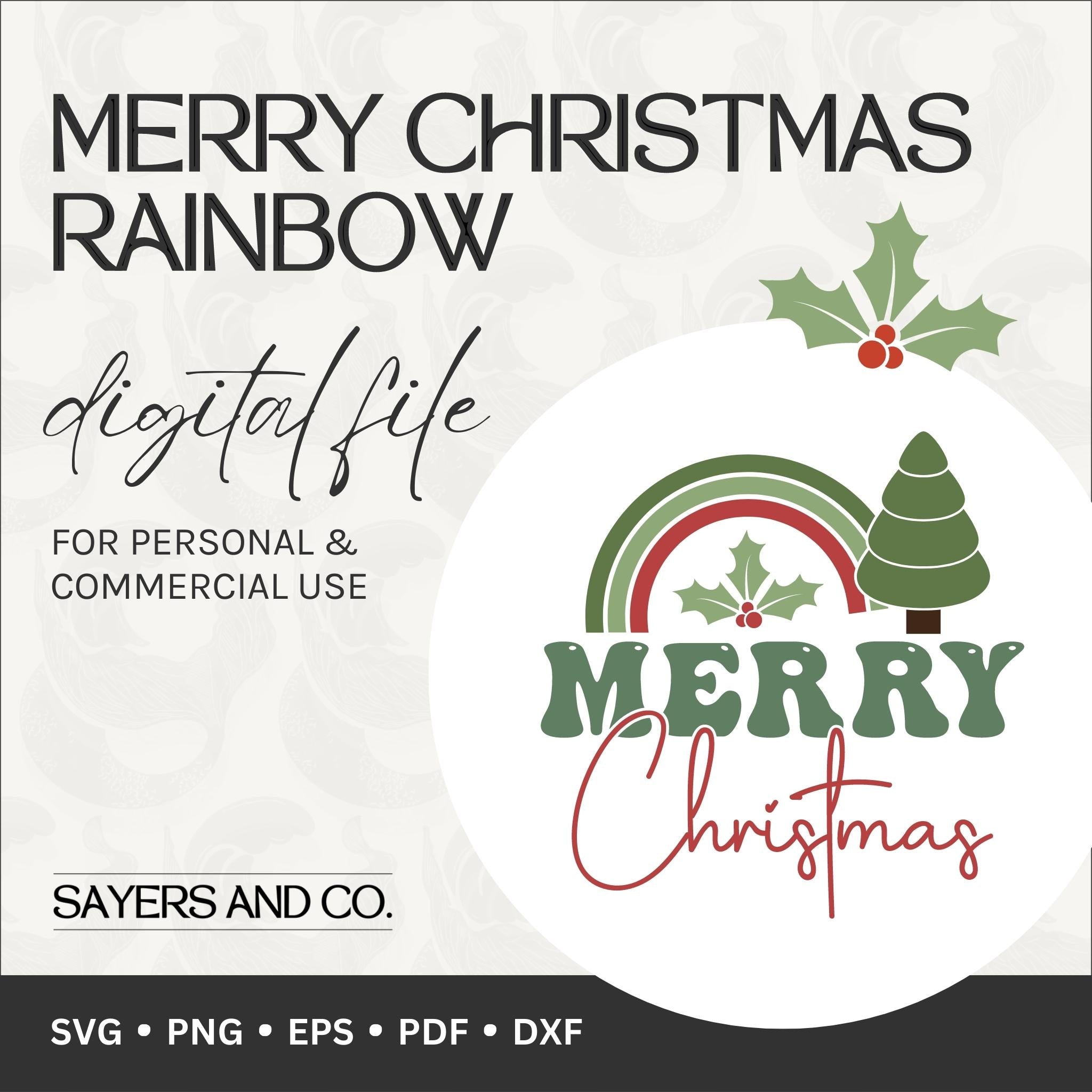 Merry Christmas Rainbow digital design featuring vibrant colors and whimsical elements, perfect for holiday crafting.