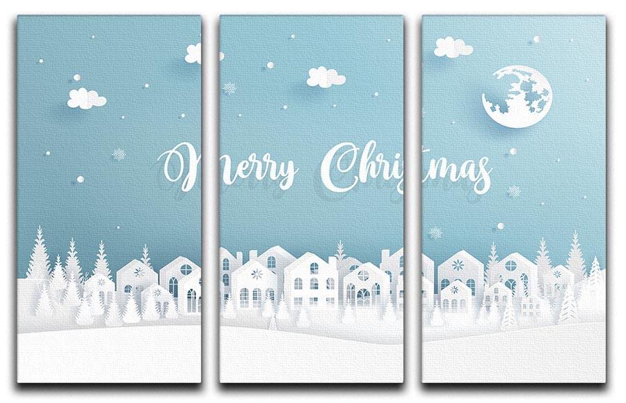 Merry Christmas Town 3 Split Panel Canvas Print featuring a festive winter scene with charming houses and snow.
