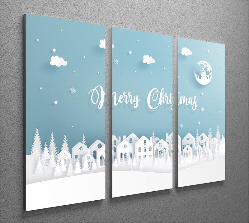 Merry Christmas Town 3 Split Panel Canvas Print featuring a festive winter scene with charming houses and snow.