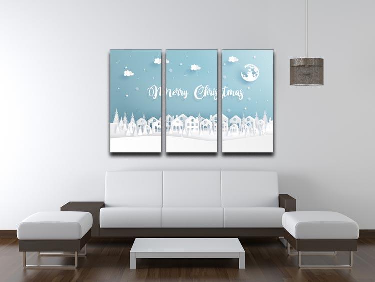 Merry Christmas Town 3 Split Panel Canvas Print featuring a festive winter scene with charming houses and snow.